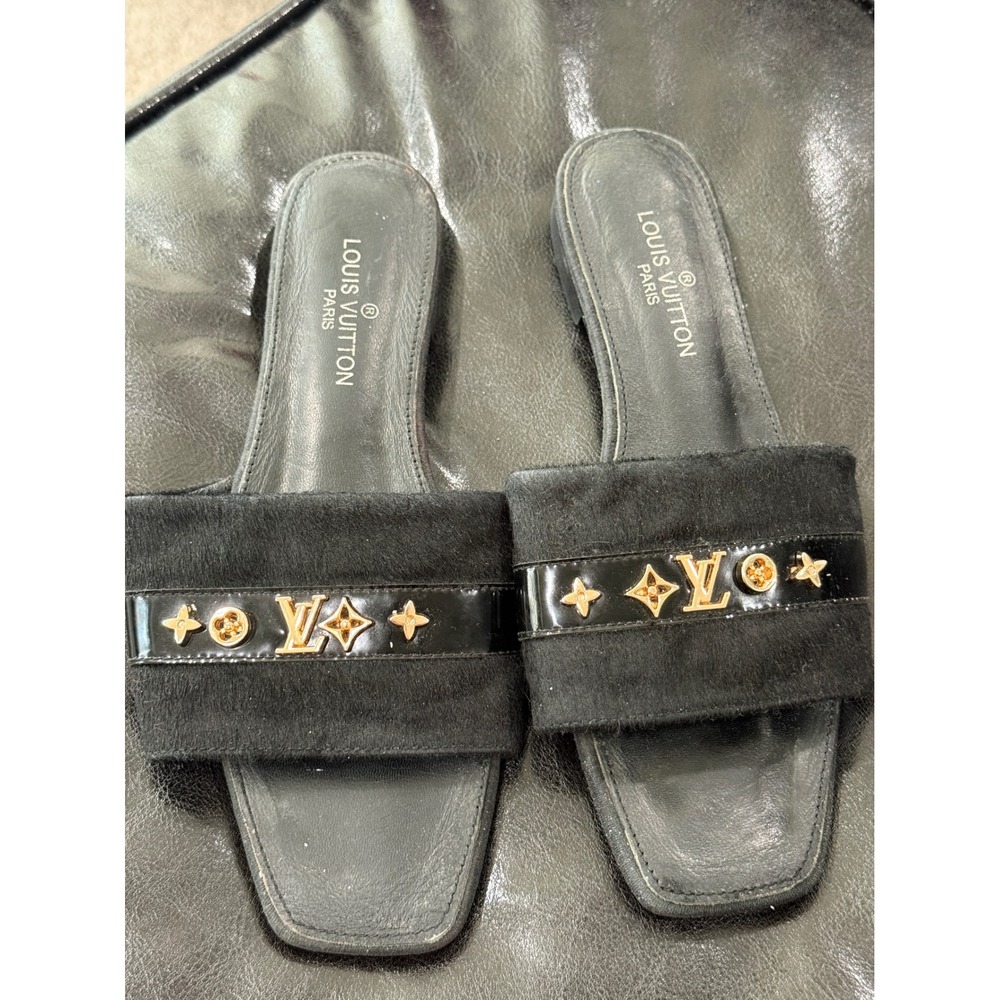 Louis Vuitton Black Suede Patent Leather Monogram Hardware Slide Sandals Size 36
